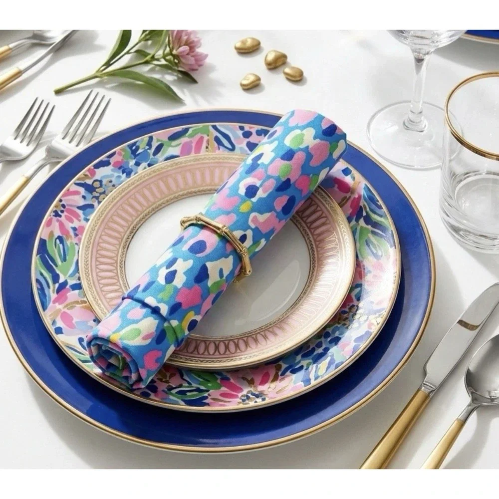 Lilly Pulitzer Hottie Dottie Napkin Set of 4 with Gold Bamboo Rings Floral Multi